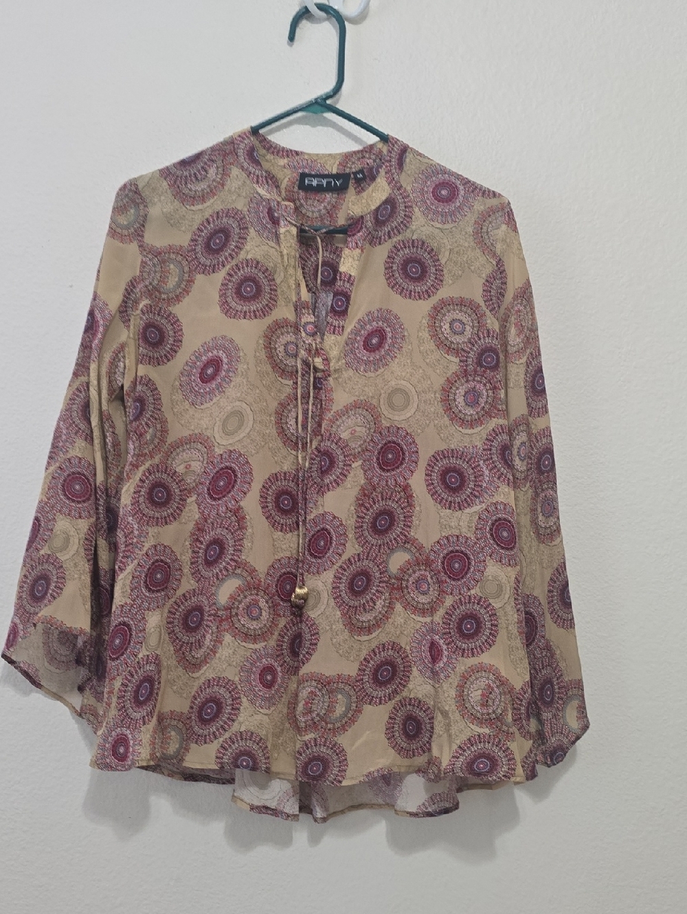 apny Lightweight Beige Blouse with‎ Purple Medallion Print